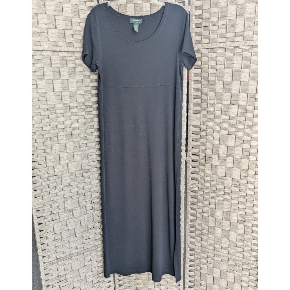 Lauren Ralph Lauren Maxi Dress Black Cotton Ribbed Short Sleeve Sz L Minimalist